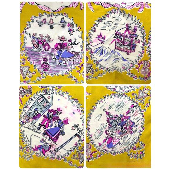 Vintage 1950s Silk Folk Song Scarf – 9 Scenes, Hand Rolled Yellow Hot Pink Print - Picture 4 of 6
